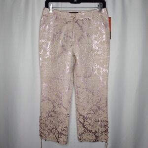 Votre Nom Capri Pants Womens 6 Pink Floral Gold Brocade Metallic Lace Up